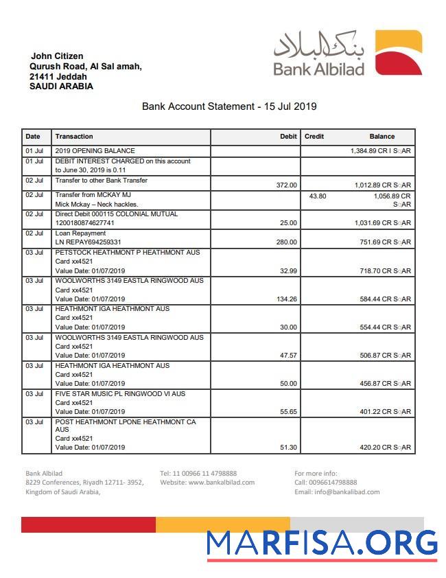 Realistic Saudi Arabia Bank Albilad bank statement word real example